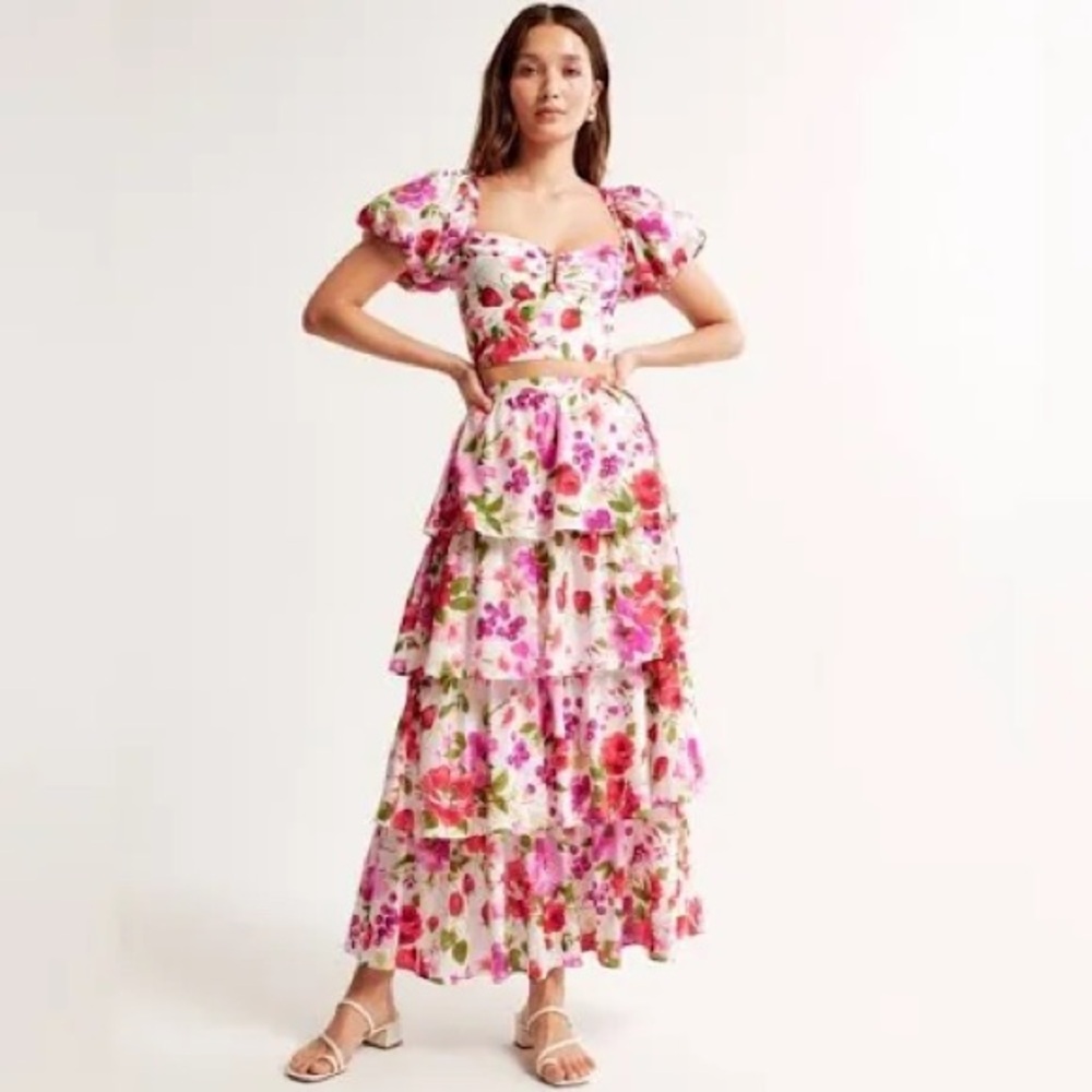 Abercrombie Floral Maxi Skirt and Puff Sleeve Crop Top Set